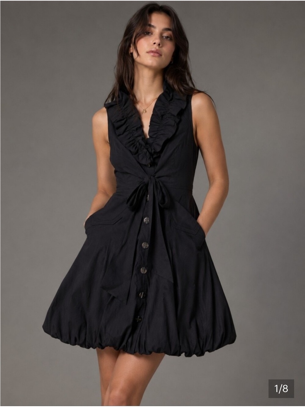 Samuel Dong Black Ruffle Tie-Waist Sleeveless Mini Dress
